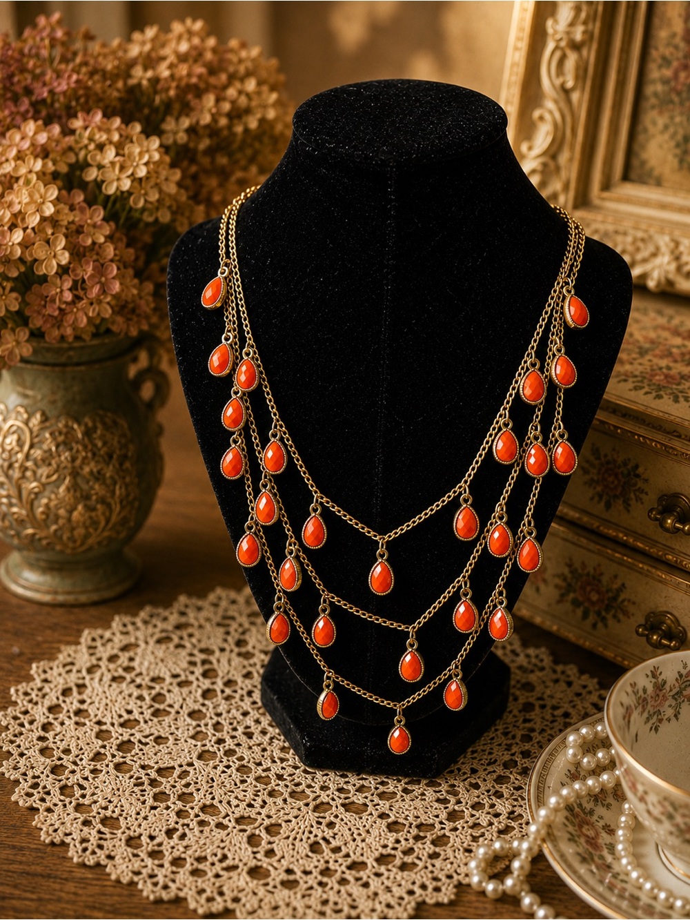 Source Unknown Gold-Tone Multi-Strand Necklace with Orange Teardrops